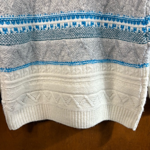 Talbots Ivory Blue Full Zip Fair Isle Cable Knit Cardigan Sweater Fisherman Soft - Picture 13 of 16